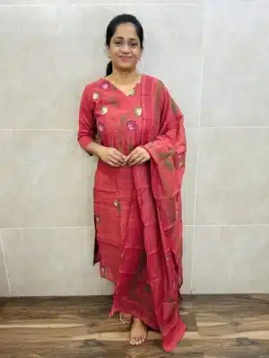 Brick red - Premium linen cotton top(crepe lining) with brush paint pattern paired with linen cotton dupatta and silk bottom(straight cut)