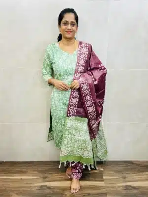 Batik printed Bhagalpur cotton top (cotton lining) paired with Bhagalpur cotton dupatta and Bhagalpur cotton bottom (free size)