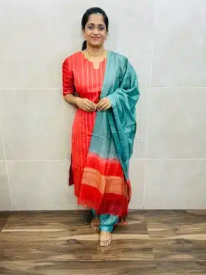 Semi tussar top(cotton lining) with allover thread weavings paired with semi tussar dupatta and santoon bottom(free size)