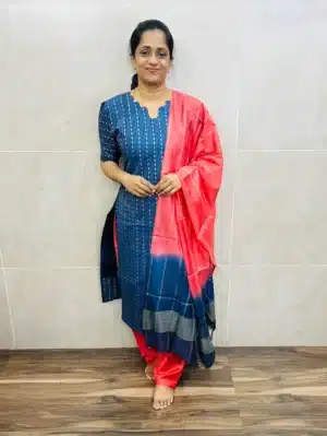 Semi tussar top(cotton lining) with allover thread weavings paired with semi tussar dupatta and santoon bottom(free size)
