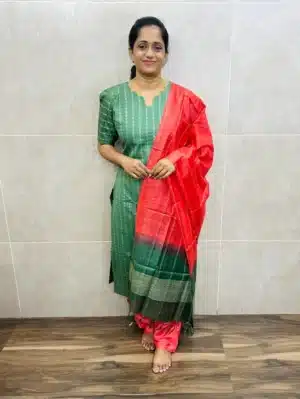 Semi tussar top(cotton lining) with allover thread weavings paired with semi tussar dupatta and santoon bottom(free size)