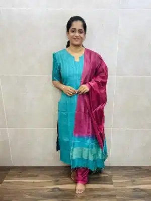 Semi tussar top(cotton lining) with allover thread weavings paired with semi tussar dupatta and santoon bottom(free size)