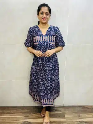 (Blue)Ajrakh printed cotton top(Alia cut pattern)