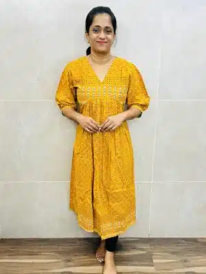 (Yellow)Ajrakh printed cotton top(Alia cut pattern)