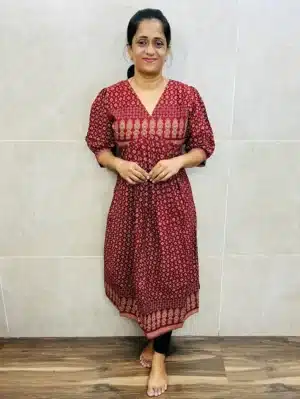 (Brick red)Ajrakh printed cotton top(Alia cut pattern)