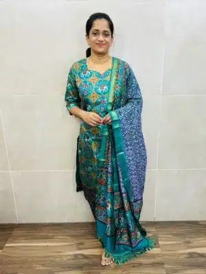 Pattern-2-Soft Patola silk top (cotton lining) paired with Patola silk dupatta and printed silk bottom (free size)