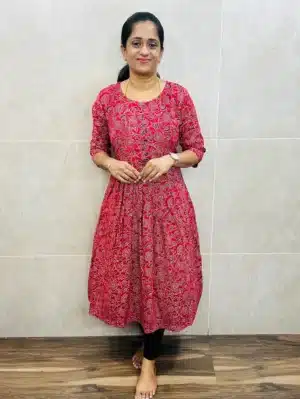 Red - Ajrakh cotton top (cotton lining) with Potli and piping work on yoke and pleated flare (Aline pattern)