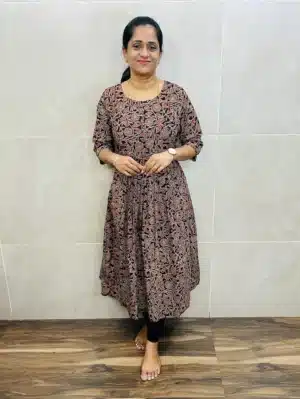 Black - Ajrakh cotton top (cotton lining) with Potli and piping work on yoke and pleated flare (Aline pattern)
