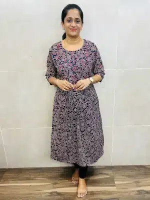 Blue - Ajrakh cotton top (cotton lining) with Potli and piping work on yoke and pleated flare (Aline pattern)