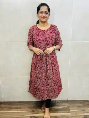 Maroon - Ajrakh cotton top (cotton lining) with Potli and piping work on yoke and pleated flare (Aline pattern)
