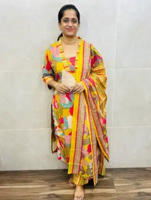 Printed cotton top (cotton lining) paired with printed cotton dupatta and cotton bottom (straight cut)