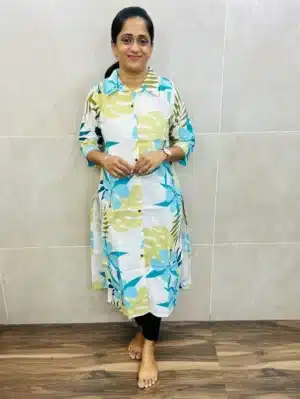 Printed cotton top(cotton lining) with allover fancy buttons(straight cut)