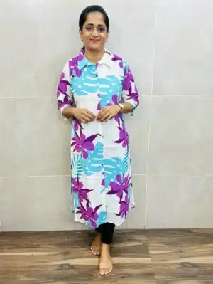 Printed cotton top(cotton lining) with allover fancy buttons(straight cut)