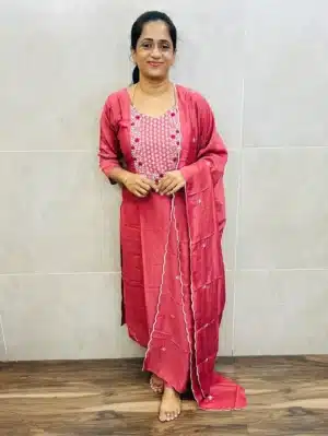 Peachish pink - Soft silk top(crepe lining) with exclusive embroidery on yoke and dupatta paired with soft silk bottom (straight cut)