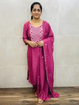 Onion Pink - Soft silk top(crepe lining) with exclusive embroidery on yoke and dupatta paired with soft silk bottom (straight cut)
