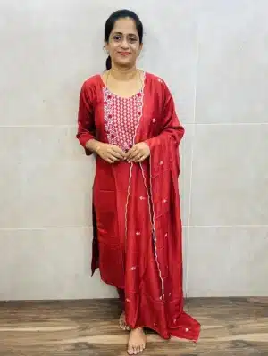 Brick red - Soft silk top(crepe lining) with exclusive embroidery on yoke and dupatta paired with soft silk bottom (straight cut)
