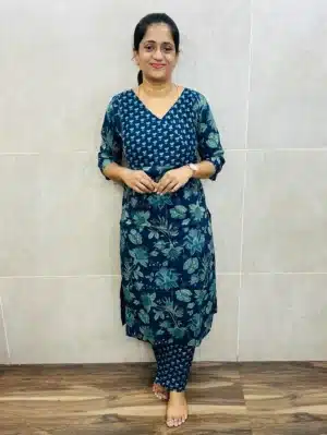Blue - Printed Jaipur cotton top (cotton lining) paired with printed cotton bottom (straight cut)