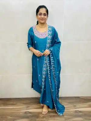 (Teal blue)Soft silk top(crepe lining) with exclusive embroidery on yoke and dupatta paired with soft silk bottom (straight cut)
