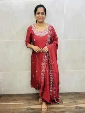 (Brick red)Soft silk top(crepe lining) with exclusive embroidery on yoke and dupatta paired with soft silk bottom (straight cut)