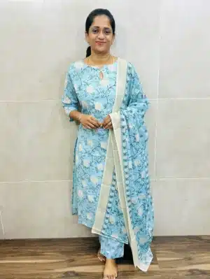 Printed Jaipur cotton top (cotton lining) paired with printed cotton dupatta and cotton bottom (straight cut)