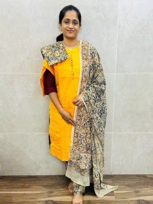 Pure cotton top (cotton lining) paired with Kalamkari dupatta and Kalamkari bottom (straight cut)