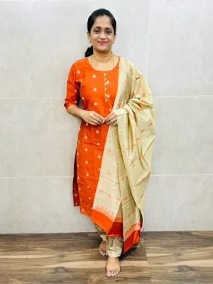 Semi raw silk top (cotton lining) with all over thread weaving buttas paired with semi raw silk dupatta and semi raw silk bottom (free size)
