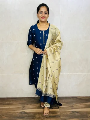 Semi raw silk top (cotton lining) with all over thread weaving buttas paired with semi raw silk dupatta and semi raw silk bottom (free size)