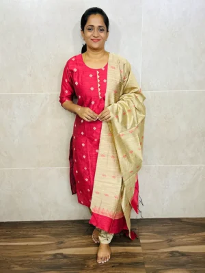 Semi raw silk top (cotton lining) with all over thread weaving buttas paired with semi raw silk dupatta and semi raw silk bottom (free size)