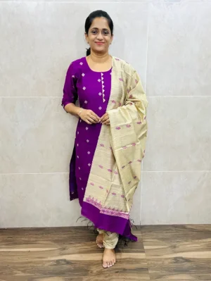 Semi raw silk top (cotton lining) with all over thread weaving buttas paired with semi raw silk dupatta and semi raw silk bottom (free size)