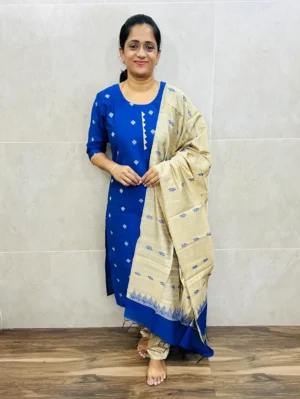 Semi raw silk top (cotton lining) with all over thread weaving buttas paired with semi raw silk dupatta and semi raw silk bottom (free size)