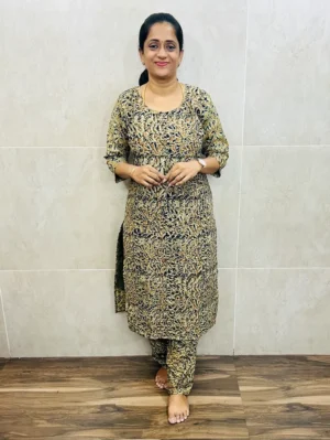 Mehandi green - Natural dyed Kalamkari printed cotton top (cotton lining) paired with Kalamkari bottom (free size)