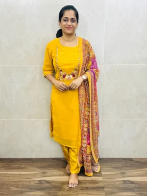 Georgette top (full crepe lining) with embroidered yoke paired with mirror worked Georgette dupatta and silk bottom (free size)