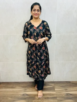 Printed premium rayon top (Aline pattern) paired with rayon bottom (straight cut)