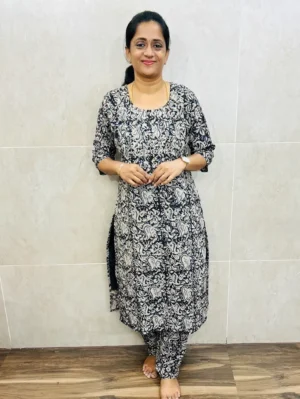 Black - Natural dyed Kalamkari printed cotton top (cotton lining) paired with Kalamkari bottom (free size)