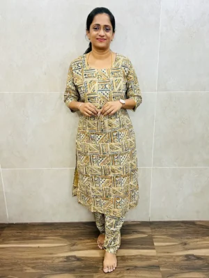 Natural dyed Kalamkari printed cotton top (cotton lining) paired with Kalamkari bottom (free size)