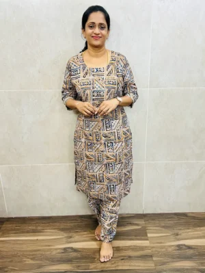 Natural dyed Kalamkari printed cotton top (cotton lining) paired with Kalamkari bottom (free size)