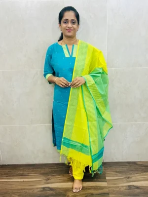 Pure handloom cotton top (cotton lining) with allover thread weaving paired with cotton dupatta and cotton bottom (free size)
