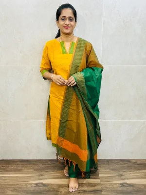 Pure handloom cotton top (cotton lining) with allover thread weaving paired with cotton dupatta and cotton bottom (free size)