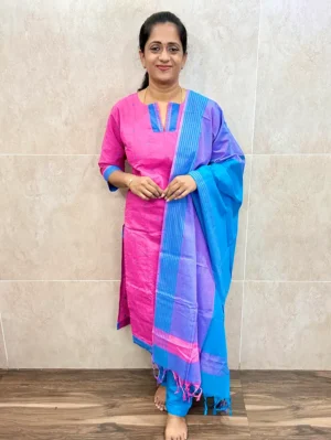 Pure handloom cotton top (cotton lining) with allover thread weaving paired with cotton dupatta and cotton bottom (free size)