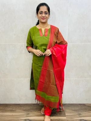 Pure handloom cotton top (cotton lining) with allover thread weaving paired with cotton dupatta and cotton bottom (free size)