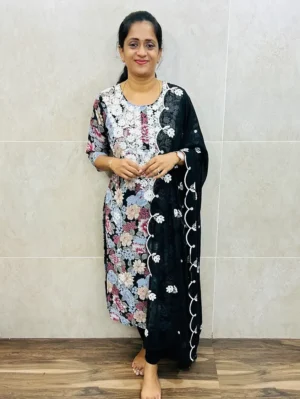 Crushed georgette top with crepe lining and embroidered yoke, paired with a georgette dupatta
