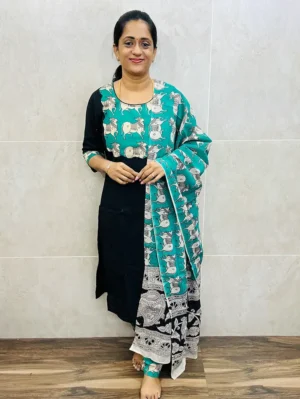 Pure cotton top with cotton lining, featuring elegant Kalamkari patchwork on the yoke and comfortable cotton bottom(Top and bottom only)