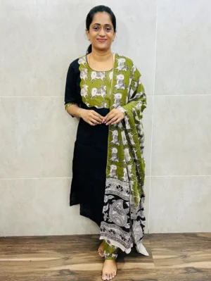 Pure cotton top with cotton lining, featuring elegant Kalamkari patchwork on the yoke and comfortable cotton bottom(Top and bottom only)