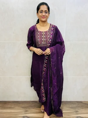 Soft crush silk top (full crepe lining) with embroidered yoke paired with embroidered crush silk dupatta and silk bottom (free size)