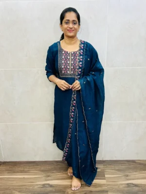 Soft crush silk top (full crepe lining) with embroidered yoke paired with embroidered crush silk dupatta and silk bottom (free size)