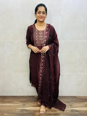 Soft crush silk top (full crepe lining) with embroidered yoke paired with embroidered crush silk dupatta and silk bottom (free size)