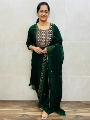 Soft crush silk top (full crepe lining) with embroidered yoke paired with embroidered crush silk dupatta and silk bottom (free size)