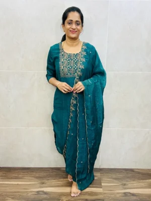 Soft tissue silk top (full crepe lining) with embroidered yoke paired with soft tissue dupatta and silk bottom (free size)