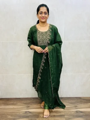 Soft tissue silk top (full crepe lining) with embroidered yoke paired with soft tissue dupatta and silk bottom (free size)
