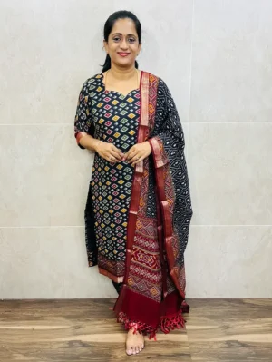 Premium modal silk top(cotton lining) paired with modal silk dupatta and silk bottom(free size)